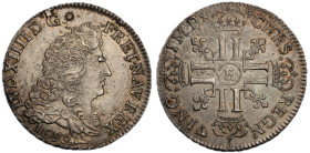 1/4 Écu aux 8 L, Tours, rf, 1692 E, AG 6.54 g.
Ref : G. 150 (R2)
Conservation : TTB-SUP. Rare