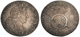 1/4 Écu aux insignes, rf, Paris, 1702 A, AG 6.66 g.
Ref : G. 156
Conservation : TTB
