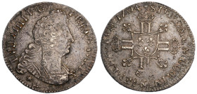 1/4 Écu aux 8 L, 2ème type, rf, Montpellier, 1704 N, AG 6.33 g.
Ref : G. 161 (R2)
Conservation : TTB