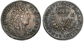 1/4 écu aux 3 couronnes, Paris, 1711 A, AG 7.53 g.
Ref : G.165
Conservation : TTB
