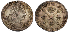 20 sols aux insignes, Rennes, 1707 9, AG 6.10 g.
Ref : G. 164
Conservation : TTB-SUP