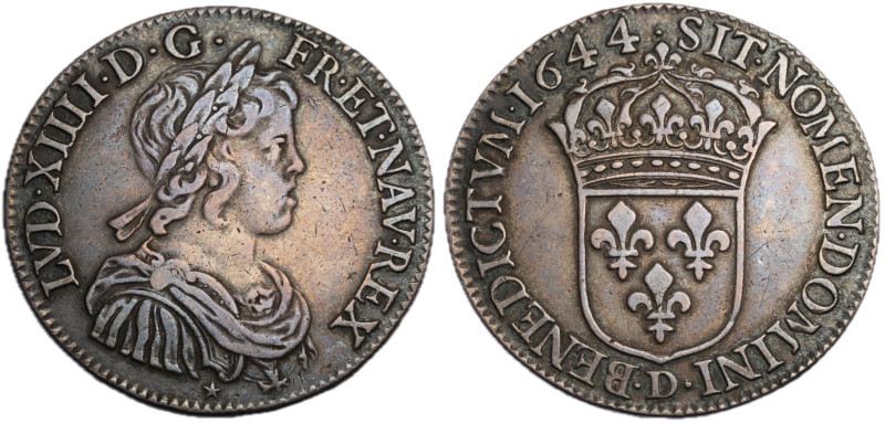 Louis XIV 1643-1715
1/2 Écu à la mèche courte, Lyon, 1644 D, point, AG 13.54 g.
...