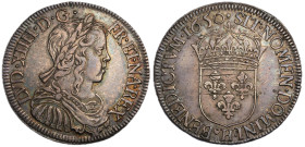 Louis XIV 1643-1715
1/2 Écu à la mèche longue, La Rochelle, 1650 H, AG 13.47 g.
Ref : G. 169
Conservation : TTB-SUP