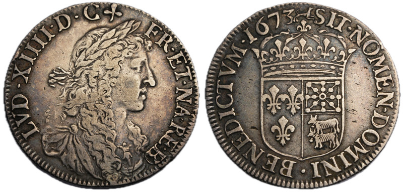 Louis XIV 1643-1715
1/2 Écu au buste juvénile de Béarn, Pau, 1673, AG 13.52 g.
R...