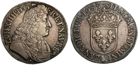 Louis XIV 1643-1715
1/2 Écu à la cravate, 2ème émission, Aix, 1683 &, AG 13.55 g.
Ref : G. 178 (R4)
Conservation : TTB-SUP. Très rare