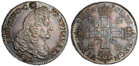 Louis XIV 1643-1715
1/2 Écu aux 8 L, réformation, Dijon, 1692 P, AG 13.42 g.
Ref : G. 184 (R2)
Conservation : TTB-SUP