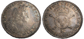 Louis XIV 1643-1715
1/2 Écu aux insignes, rf, Tours, 1701 E, AG 13.53 g.
Ref : G. 189 (R2)
Conservation : Superbe