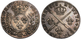Louis XIV 1643-1715
33 Sols de Strasbourg aux insignes et aux plames, 1705 BB, AG 9.01 g.
Ref : G. 198
Conservation : TTB-SUP