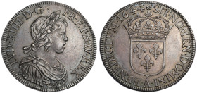 Louis XIV 1643-1715
Écu à la mèche courte, Paris, 1644 A, rose entre deux points AG 27.15 g.
Ref : G. 201 (R)
Conservation : TTB-SUP. Belle patine fon...