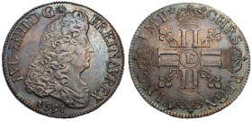 Louis XIV 1643-1715
Écu aux 8 L, Tours, 1691 E , rf, AG 27.11 g.
Ref : G. 216
Conservation : presque Superbe.
