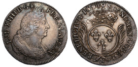 Louis XIV 1643-1715
Écu aux palmes, Toulouse, 1694 M, rf, AG 25.82 g. 
Ref : G. 217 (R)
Conservation : TTB+