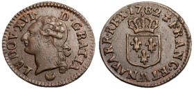 Louis XVI 1774-1792
Liard, Metz, 1782 AA, Cuivre
Ref : 348 (R)
Conservation : TTB-SUP