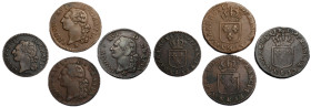 Louis XVI 1774-1792 Lot de trois monnaies de Sol ou sou, Aix, 1781 & -1783 & et Marseille 1789 MA, et un 1/2 sol 1779 Aix , Cuivre
Ref : G. 350 et 349...