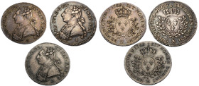 Louis XVI 1774-1792 lot de trois monnaies de 1/5 écu, deux de La Rochelle 1788 H et une Marseille 1788 MA
Ref : G. 354 
Conservation : TTB-SUP