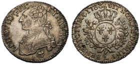 1/2 Écu aux branches d'olivier, Bayonne, 1788 L, AG 14.67 g.
Ref : G.355 (R2)
Ex vente Inumis n° 36 lot 447
Conservation : SUP-FDC. Rare