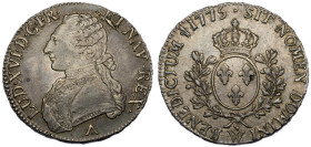 Louis XV 1715-177
Écu aux branches d'olivier, Lille, 1775 W, AG 29.40 g.
Ref : G. 323 
Conservation : TTB-SUP