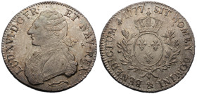 Louis XVI 1774-1792
Écu aux branches d'olivier, Aix, 1777 &, AG 29.39 g.
Ref : G.356 (R2)
Conservation : TTB-SUP