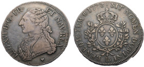 Louis XVI 1774-1792
Écu aux branches d'olivier, Strasbourg, 1778 BB, AG 29.39 g.
Ref : G.356 (R4)
Conservation : TTB. Très rare