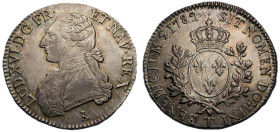 Louis XVI 1774-1792
Écu aux branches d'olivier, Nantes, 1782 T, AG 29.35 g.
Ref : G.356 (R3)
Conservation : TTB-SUP. Très rare