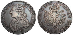 Louis XVI 1774-1792
Écu aux branches d'olivier, La Rochelle, 1785 H, AG 29.23 g.
Ref : G.356 (R4)
Conservation : TTB+