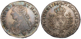 Louis XVI 1774-1792
Écu aux branches d'olivier, Bayonne, 1786 L, AG 29.25 g.
Ref : G.356 
Conservation : TTB
