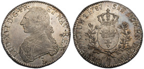 Louis XVI 1774-1792
Écu aux branches d'olivier, Nantes, 1787 T, AG 29.26 g.
Ref : G.356 (R3)
Conservation : Superbe
