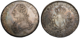 Louis XVI 1774-1792
Écu aux branches d'olivier, La Rochelle, 1788 H, AG 29.06 g.
Ref : G.356 (R3)
Conservation : Traces de nettoyage à l'avers autreme...