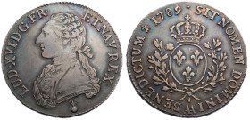 Louis XVI 1774-1792
Écu aux branches d'olivier, Metz, 1789 AA, AG 29.25 g.
Ref : G.356 (R)
Conservation : TTB