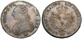 Louis XVI 1774-1792
Écu aux branches d'olivier, Marseille, 1790 MA, AG 29.40 g.
Ref : G.356 (R2)
Conservation : TTB+. Rare
