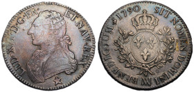 Louis XVI 1774-1792
Écu aux branches d'olivier, Marseille, 1790 MA, AG 29.23 g.
Ref : G.356 (R2)
Conservation : TTB+. Rare