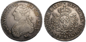 Louis XVI 1774-1792
Écu aux branches d'olivier, Paris, 1791 A, léopard, 2ème semestre, sans point sous LUD AG 29.43 g.
Ref : G.356 
Conservation : Rar...