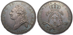 Louis XVI 1774-1792
Écu dit de la Calonne, essai original à six pans de virole , Paris, 1786 , AG 29.37 g. 41 mm
Avers : LUD. XVI. D. G. FR. ET NAV....