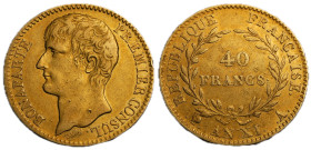 Premier Consul 1799-1804 40 Francs, Paris, AN XI A, AU 12.88 g. Ref : G.1080, Fr. 479
Conservation : TTB