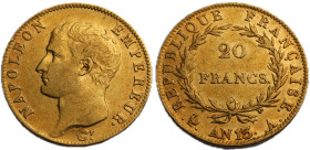 Premier Empire 1804-1814
20 Francs, Paris, AN 13 A, AU 6.45 g.
Ref : G.1022, Fr. 488
Conservation : TTB-SUP