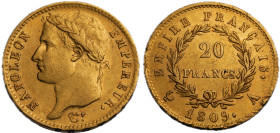 Premier Empire 1804-1814 20 Francs, Paris, 1809 A, AU 6.45 g.
Ref : G. 1025, Fr. 511 Conservation : TTB-SUP