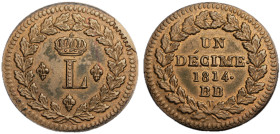 UN DÉCIME, Blocus de Strasbourg, 1814 BB, AE 19.52 g.
Ref : G. 196 a
Conservation : presque FDC