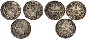 Lot de trois monnaies de 5 Francs Cérès, Paris, 1849A -1850 A et 1851 A
Ref : G.719
Conservation : TB-TTB