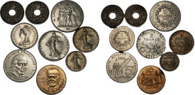 Lot de 9 monnaies françaises: 1 Franc 1992, 5 Francs 1996, 5 Francs 1994, deux monnaies de 10 centimes 1925 et 1923, 2 Francs 1917, 1 Franc 1915, 50 c...