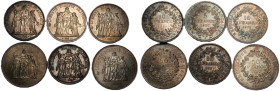 Lot de 6 monnaies en argent de 5 Francs Hercule 1877 et 10 Francs1965-1966-1970 et 2 monnaies de 50 Francs Hercule datées 1977
Conservation : superbe