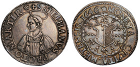 Cité de Metz ,Thaler,1646, AG 28.85 g. 
Avers : S STEPHANVS PROTOMARTIR Buste de Saint Etienne.
Revers : MONETA CIVITA METENSIS 1646 Ecu échancré de M...