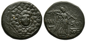 PONTOS.Amisos.(Circa 105-63 BC).Ae.

Obv : Aegis with Gorgon's head at center.

Rev : AΜΙΣΟΥ.
Nike advancing right, holding wreath and palm branch, be...