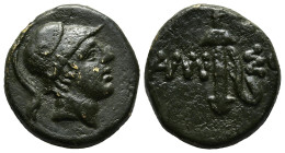 PONTOS.Amisos.Time of Mithradates VI.(Circa 111-90 BC).Ae.
Obv : Helmeted head of Ares to right.
Rev : AMIΣOY.
Sword in sheath; star with crescent to ...