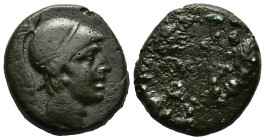 PONTOS.Amisos.Time of Mithradates VI.(Circa 111-90 BC).Ae.
Obv : Helmeted head of Ares to right.
Rev : AMIΣOY.
Sword in sheath; star with crescent to ...