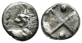 Chersonesos, Thrace. AR Hemidrachm c. 350-330 BC.

Obv. Forepart of lion right, looking back, right foreleg raised.
Rev. Quadripartite incuse, grape a...