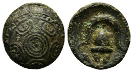 KINGS OF MACEDON. Alexander III 'the Great' (336-323 BC). Ae. 

Obv: Macedonian shield with pellet in three circles on boss.
Rev: Macedonian helmet be...