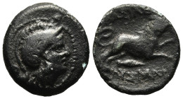 KINGS OF THRACE (Macedonian). Lysimachos (305-281 BC). Ae Unit. Uncertain mint 

Obv: Helmeted head of Athena right.
Rev: BAΣIΛΕΩΣ / ΛYΣIΜΑΧΟΥ.
Lion l...