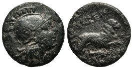 KINGS OF THRACE (Macedonian). Lysimachos (305-281 BC). Ae Unit. Uncertain mint 

Obv: Helmeted head of Athena right.
Rev: BAΣIΛΕΩΣ / ΛYΣIΜΑΧΟΥ.
Lion l...