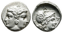 MYSIA. Lampsakos. Hemıdrachm (4th-3rd centuries BC).
Obv: KPI.
Janiform female heads.
Rev: Helmeted head of Athena right; kantharos to left.

Con...