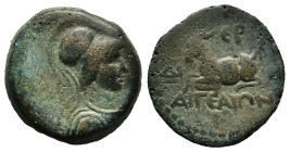 CILICIA. Aigeai. Ae (Circa 167-47 BC).
Obv: Helmeted head of Athena right.
Rev: AIΓEAIΩN THΣ IEPAΣ / KAI AVTONOMOV.
Goat kneeling left.
Cf. SNG BN 230...