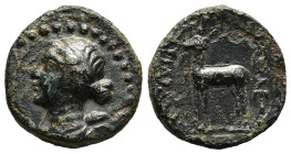 KINGS OF CAPPADOCIA. Ariarathes X Eusebes Philadelphos (42-36 BC). Ae. Eusebeia under Mt. Argaios.
Obv: Draped bust of Artemis left.
Rev: ΒΑΣΙΛΕΩΣ / Α...